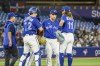 Toronto Blue Jays starting pitcher Yusei Kikuchi (16) is visited at the mound during the second inning of MLB baseball action against the Houston Astros in Toronto on April 29, 2022. THE CANADIAN PRESS/Christopher Katsarov