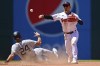 Cleveland Guardians second baseman Andres Gimenez, right, gets out New York Yankees' Matt Carpenter at second base in the seventh inning in the first baseball game of a doubleheader, Saturday, July 2 2022, in Cleveland. Jose Trevino was out at first for a double play. Aaron Hicks would score on the play. (AP Photo/David Dermer)