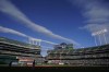 Oakland Athletics' Cole Irvin, bottom right, pitches against the Toronto Blue Jays during the third inning of a baseball game in Oakland, Calif., Monday, July 4, 2022 Oakland police are investigating after fans were injured at Monday night's game between the Athletics and the Toronto Blue Jays by 