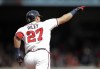 Atlanta Braves' Austin Riley celebrates after hitting a two-run home run off Washington Nationals' Patrick Corbin in the first inning of a baseball game Saturday, July 9, 2022, in Atlanta. (AP Photo/Ben Margot)