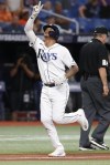 Tampa Bay Rays' Christian Bethancourt reacts after hitting a two-run home run against the Baltimore Orioles during the sixth inning of a baseball game Friday, July 15, 2022, in St. Petersburg, Fla. (AP Photo/Scott Audette)