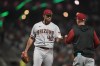 Arizona Diamondbacks starting pitcher Madison Bumgarner (40) leaves the baseball game against the San Francisco Giants during the sixth inning in San Francisco, Monday, Aug. 15, 2022. (AP Photo/Godofredo A. Vásquez)