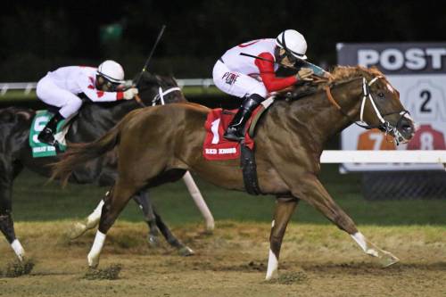 George Williams photo
                                Red Knobs and jockey Jorge Carreno power to the front in the 74th running of the Manitoba Derby on Monday.