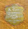Dedication plate. Wedding gift of walnut wood silverware box to Abraham Code on May 31, 1897 by the Victoria Hockey Club of Winnipeg. Code was the vice president of the team as well as secretary treasurer of the Manitoba and North West Hockey Association.
