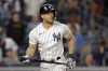 New York Yankees' Giancarlo Stanton reacts after striking out during the eighth inning of a baseball game against the Minnesota Twins, Thursday, Sept. 8, 2022, in New York. (AP Photo/Adam Hunger)