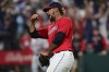 Cleveland Guardians relief pitcher Emmanuel Clase celebrates after striking out Los Angeles Angels' Matt Thaiss during the ninth inning of a baseball game, Monday, Sept. 12, 2022, in Cleveland. The Guardians won 5-4. (AP Photo/David Dermer)