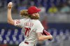 Philadelphia Phillies starting pitcher Bailey Falter throws during the first inning of a baseball game against the Miami Marlins, Tuesday, Sept. 13, 2022, in Miami. (AP Photo/Lynne Sladky)