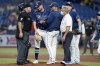 Tampa Bay Rays starting pitcher Shane McClanahan, second from left is taken out of the game against the Houston Astros during the fifth inning of a baseball game Tuesday, Sept. 20, 2022, in St. Petersburg, Fla. (AP Photo/Chris O'Meara)
