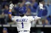 Kansas City Royals' MJ Melendez celebrates as he crosses the plate after hitting a solo home run during the first inning of a baseball game against the Minnesota Twins Wednesday, Sept. 21, 2022, in Kansas City, Mo. (AP Photo/Charlie Riedel)