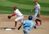 JOHN WOODS / WINNIPEG FREE PRESS
                                Winnipeg Goldeyes&rsquo; Raul Navarro (3) makes the catch at second and then throws to first for the double play against Sioux Falls Canaries&rsquo; Aaron Takacs (10) in Winnipeg.