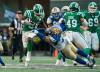 LIAM RICHARDS / THE CANADIAN PRESS
                                Winnipeg Blue Bombers linebacker Adam Bighill gets his hands on Saskatchewan Roughriders running back Frankie Hickson on Sunday.