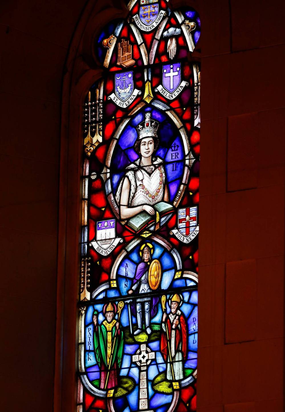 A stained-glass window in St. John’s Anglican Cathedral features a portrait of Queen Elizabeth. (Winnipeg Free Press)