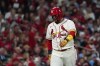St. Louis Cardinals' Yadier Molina reacts after lining out to Philadelphia Phillies third baseman Alec Bohm during the third inning in Game 2 of a National League wild-card baseball playoff series, Saturday, Oct. 8, 2022, in St. Louis. (AP Photo/Jeff Roberson)