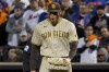 San Diego Padres starting pitcher Joe Musgrove (44) reacts at the end of the seventh inning of Game 3 of a National League wild-card baseball playoff series against the New York Mets, Sunday, Oct. 9, 2022, in New York. (AP Photo/John Minchillo)
