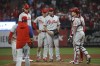 Philadelphia Phillies starting pitcher Aaron Nola is taken out by interim manager Rob Thomson during the seventh inning in Game 2 of a National League wild-card baseball playoff series against the St. Louis Cardinals, Saturday, Oct. 8, 2022, in St. Louis. (AP Photo/Scott Kane)