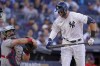 New York Yankees center fielder Aaron Judge reacts after striking out against the Cleveland Guardians during the seventh inning of Game 2 of an American League Division baseball series, Friday, Oct. 14, 2022, in New York. (AP Photo/Frank Franklin II)