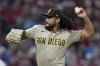 San Diego Padres starting pitcher Sean Manaea throws during the fifth inning in Game 4 of the baseball NL Championship Series between the San Diego Padres and the Philadelphia Phillies on Saturday, Oct. 22, 2022, in Philadelphia. (AP Photo/Matt Rourke)