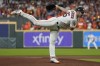 Houston Astros starting pitcher Justin Verlander throws during the first inning in Game 1 of baseball's World Series between the Houston Astros and the Philadelphia Phillies on Friday, Oct. 28, 2022, in Houston. (AP Photo/Eric Gay)