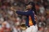 Houston Astros starting pitcher Framber Valdez reacts to call during the first inning in Game 2 of baseball's World Series between the Houston Astros and the Philadelphia Phillies on Saturday, Oct. 29, 2022, in Houston. (AP Photo/David J. Phillip)