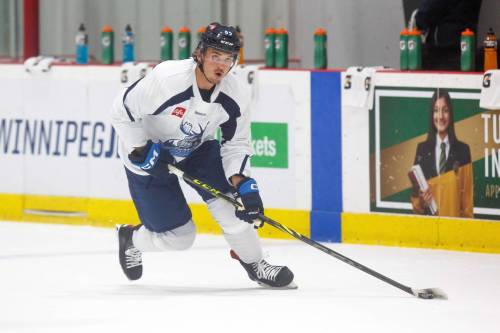 MIKE DEAL / WINNIPEG FREE PRESS
                                Ben Hawerchuk skates Monday during Manitoba Moose training camp at BellMTS Iceplex. The son of Jets’ legend Dale Hawerchuk appreciates the strong connection between Winnipeg and his family.