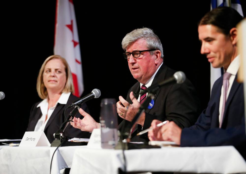 Winnipeg mayoral candidates Jenny Motkaluk (from left), Glen Murray and Robert-Falcon Ouellette participate in a mayoral forum sponsored by The Jewish Federation of Winnipeg at the Asper Jewish Community Campus. (John Woods / Winnipeg Free Press)