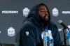 Toronto Argonauts defensive lineman Ja'Gared Davis speaks to members of media after practice at Mosaic Stadium in Regina, on Wednesday, November 16, 2022. The Winnipeg Blue Bombers will be playing against the Toronto Argonauts in the 109th Grey Cup on Sunday. THE CANADIAN PRESS/Heywood Yu