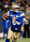 Winnipeg Blue Bombers quarterback Zach Collaros (8) looks downfield against the BC Lions during the second half of CFL western final action in Winnipeg, Sunday, Nov. 13, 2022. THE CANADIAN PRESS/John Woods