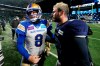 Toronto Argonauts quarterback Chad Kelly (12) and Winnipeg Blue Bombers quarterback Zach Collaros (8) shake hands after the Argonauts defeated the Blue Bombers in the 109th Grey Cup at Mosaic Stadium in Regina, Sunday, Nov. 20, 2022. Collaros made no excuses after the Toronto Argonauts upset the two-time defending Grey Cup champion Winnipeg Blue Bombers 24-23 Sunday in the CFL title game. THE CANADIAN PRESS/Frank Gunn