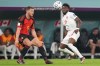 Canada forward Alphonso Davies (19) plays the ball in front of Belgium defender Jan Vertonghen (5) during second half Group F World Cup soccer action at Ahmad bin Ali Stadium in Al Rayyan, Qatar, on Wednesday, Nov. 23, 2022. THE CANADIAN PRESS/Nathan Denette