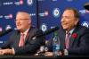 NHL Commissioner Gary Bettman (right) and Deputy Commissioner Bill Daly speak to the media prior to the Winnipeg Jets and Dallas Stars NHL game in Winnipeg on Tuesday. (Fred Greenslade / The Canadian Press)