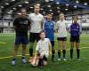 JESSICA LEE / WINNIPEG FREE PRESS
                                (From left) Coach Alex Esteves with players Andrij Sawczuk, Diego Munguia, Mary-Kate Antoniuk, Ilah Marcelline and Isaac Brito (front) are able to feed their passion for footy 12 months of the year at Winnipeg’s indoor training facilities.