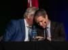 Scott Johnston (left) and Cameron Friesen hold a discussion during the Association of Manitoba Municipalities’ fall convention. (Jessica Lee / Winnipeg Free Press)