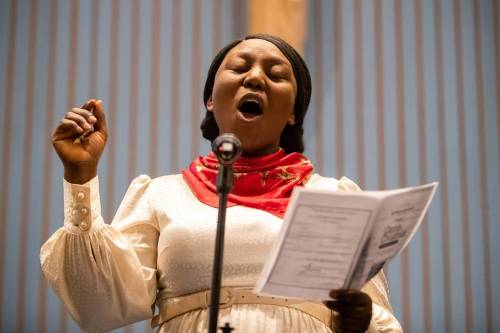 Pelumi Ruth Enejoh sings during “Carols of Christmas: The Greatest Story Ever Told” at the Apostolic Faith Church. (Daniel Crump / Winnipeg Free Press)