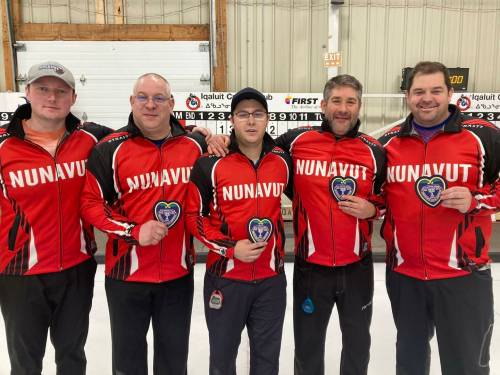 Brandon’s Sheldon Wettig, second from right, poses with teammates Christian Smitheram, left, Terry Lichty, Brady St. Louis and Jake Higgs after they won the Nunavut men’s curling playdowns in Iqaluit last weekend. (Photo courtesy Nunavut Curling Association)
                                 Brandon’s Sheldon Wettig, second from right, poses with teammates Christian Smitheram, left, Terry Lichty, Brady St. Louis and Jake Higgs after they won the Nunavut men’s curling playdowns in Iqaluit last weekend. (Photo courtesy Nunavut Curling Association)