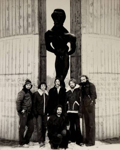 SUPPLIED
                                The 1973 members of Les Louis Boys gather around a statue of Louis Riel during the band’s early days.