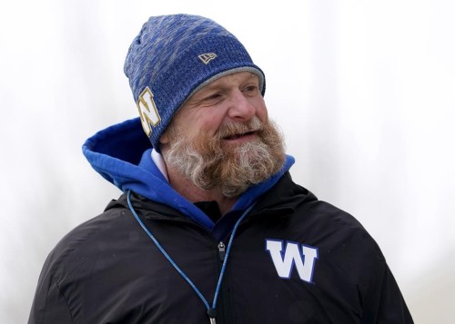 Winnipeg Blue Bombers head coach Mike O’Shea during Grey Cup team practice in Regina, Friday, Nov. 18, 2022. The Blue Bombers have signed head coach O’Shea to a three-year contract extension. THE CANADIAN PRESS/Heywood Yu