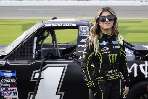 FILE - Hailie Deegan is shown during qualifying for the Truck Series auto race at Daytona International Speedway, Friday, Feb. 18, 2022, in Daytona Beach, Fla. Deegan will drive full time in the NASCAR Truck Series next season with ThorSport Racing. ThorSport formally added Deegan to its driver lineup Thursday, Dec. 15, 2022, as it announced a manufacturer move from Toyota to Ford. (AP Photo/John Raoux, File)