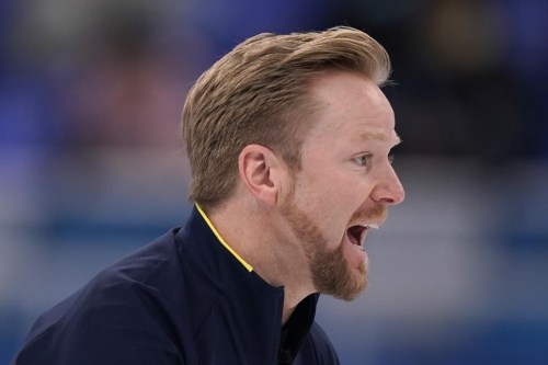 Sweden's Niklas Edin shouts instructions to teammates during the men's curling final match between Britain and Sweden at the Beijing Winter Olympics Saturday, Feb. 19, 2022, in Beijing. Olympic champion Edin of Sweden has been named interim president of the new Curling Players' Association. THE CANADIAN PRESS/AP/Brynn Anderson