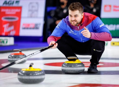 Team Wild Card Two skip Matt Dunstone directs his teammates while playing Team Yukon at the Tim Hortons Brier in Lethbridge, Alta., Sunday, March 6, 2022. THE CANADIAN PRESS/Jeff McIntosh