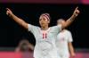 Canada’s Desiree Scott celebrates at the end of a women’s soccer match against Chile at the 2020 Summer Olympics, Saturday, July 24, 2021, in Sapporo, Japan. Canada won 2-1. (AP Photo/Silvia Izquierdo)