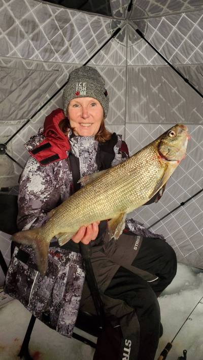 Don Lamont / Winnipeg Free Press
                                Donna-Lee Bean holding a 57.50 centimetre whitefish caught in Clear Lake just before Christmas. This fish qualified as a Manitoba Master Angler. Bean has many Master Angler Awards to her credit for a wide variety of fish.