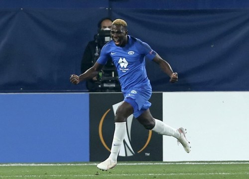 FILE - Molde's David Datro Fofana celebrates scoring his side's third goal to make the score 3-3 during the Europa League round of 32 first leg soccer match between Molde and 1899 Hoffenheim at the Ceramica stadium in Villarreal, Spain, Feb. 18, 2021. Chelsea has agreed to sign striker David Datro Fofana from Norwegian club Molde. The 20-year-old Ivory Coast international will join Chelsea on New Year's Day, the Premier League club confirmed Wednesday Dec. 28, 2022. (AP Photo/Alberto Saiz, File)