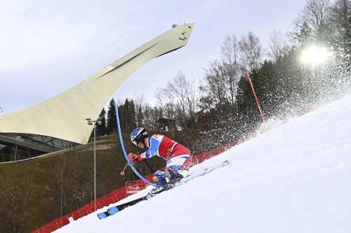 France's Clement Noel speeds down the course during an alpine ski, men's World Cup slalom race, in Garmisch Partenkirchen, Germany, Wednesday, Jan. 4, 2023. (AP Photo/Elvis Piazza)