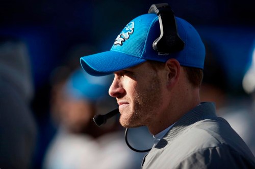 FILE - Detroit Lions offensive coordinator Ben Johnson watches from the sideline during an NFL football game against the Carolina Panthers, Dec. 24, 2022, in Charlotte, N.C. The Carolina Panthers have requested permission to interview four different NFL offensive coordinators for their head coaching vacancy, including Johnson, Philadelphia’s Shane Steichen, Buffalo’s Ken Dorsey and New York Giants’ Mike Kafka, according to a person familiar with the situation. (AP Photo/Brian Westerholt, File)