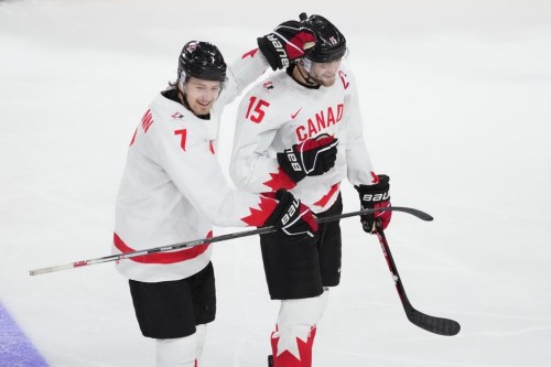 Canada's Shane Wright, right, celebrates his goal with teammate Brennan Othmann during second period IIHF World Junior Hockey Championship gold medal action against Czechia in Halifax on Thursday, January 5, 2023. THE CANADIAN PRESS/Darren Calabrese