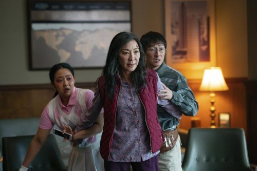 This image released by A24 Films shows, from left, Stephanie Hsu, Michelle Yeoh and Ke Huy Quan in a scene from, 