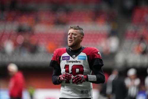 Calgary Stampeders quarterback Bo Levi Mitchell warms up before the CFL western semifinal football game against the B.C. Lions in Vancouver on Sunday, November 6, 2022. The Hamilton Tiger-Cats acquired Mitchell's rights from the Stampeders in November for a 2023 third-round pick, '24 fifth-round selection and future considerations.THE CANADIAN PRESS/Darryl Dyck