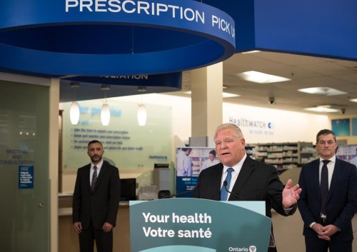 Ontario Premier Doug Ford speaks during a press conference at a Shoppers Drug Mart pharmacy in Etobicoke, Ont., on Wednesday, January 11, 2023. Ford says he's willing to accept some strings from the federal government if they give the province more health-care funding. THE CANADIAN PRESS/ Tijana Martin