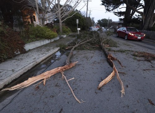 Wind damage is seen on Highland Avenue in Santa Cruz, Calif., Tuesday evening, Jan. 10, 2023. (Shmuel Thaler/The Santa Cruz Sentinel via AP)