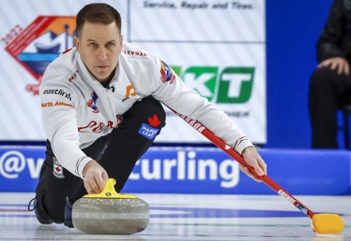 Canada skip Brad Gushue makes a shot during the men's gold medal game against Korea at the Pan Continental Curling Championships in Calgary, Alta., Sunday, Nov. 6, 2022. THE CANADIAN PRESS/Jeff McIntosh